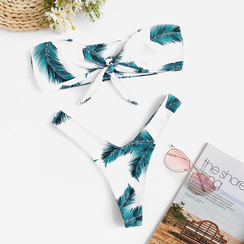 

Leaf Print Knot Bandeau With High Cut Bikini, Multicolor