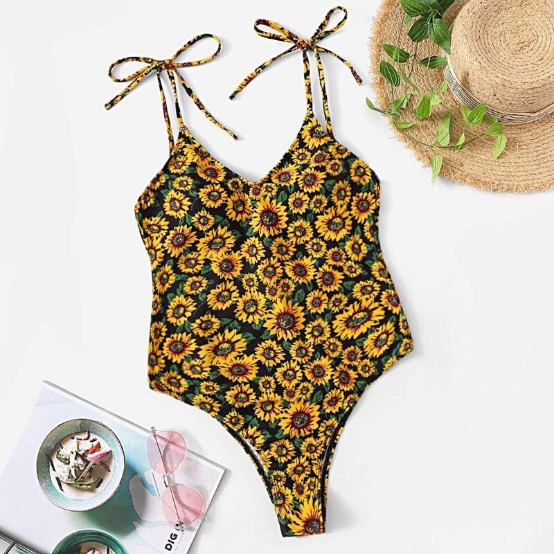 

Random Floral Tie Shoulder Low Back One Piece Swim, Multicolor