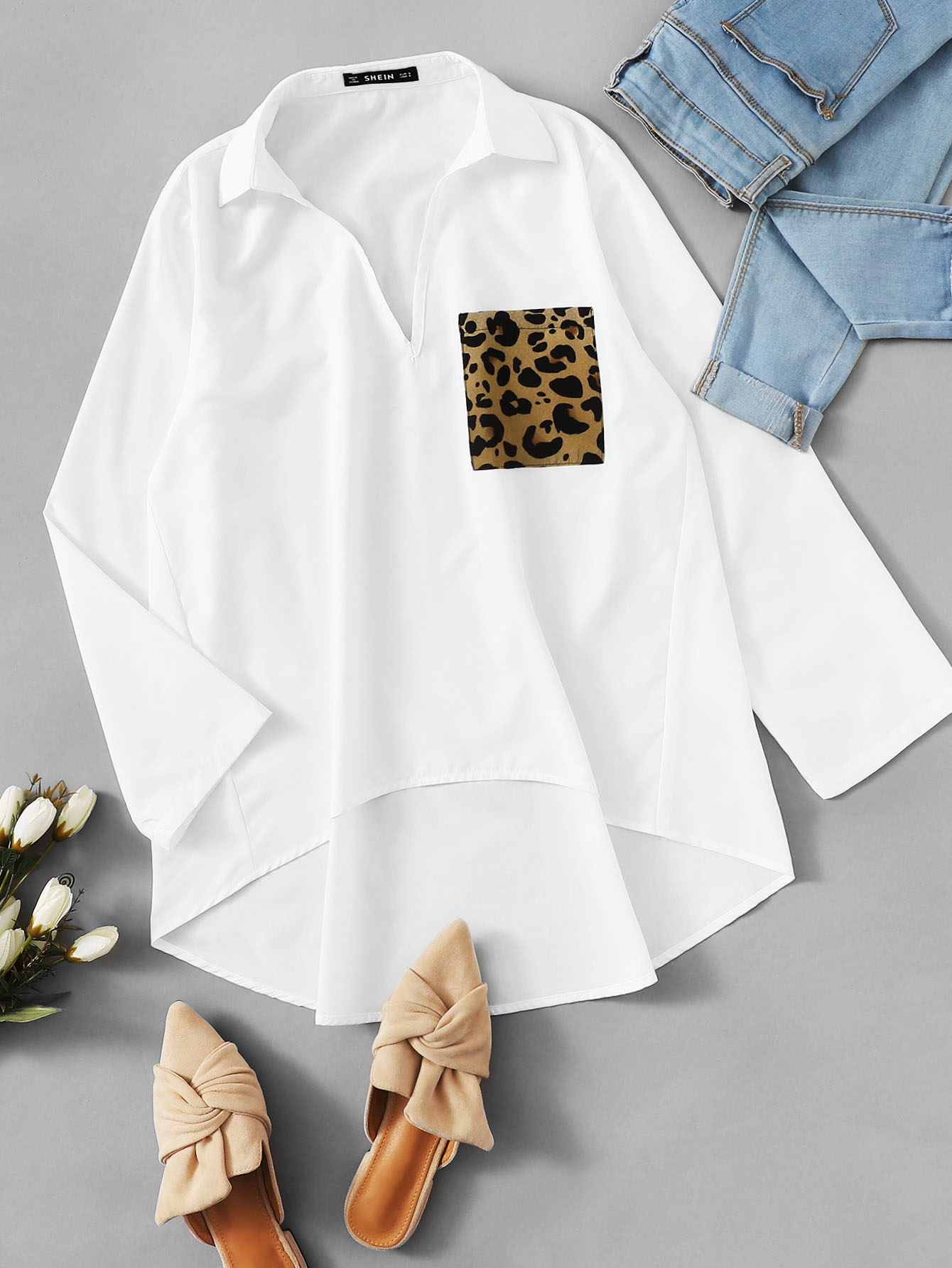 Patched Leopard Pocket Dip Hem Top thumbnail