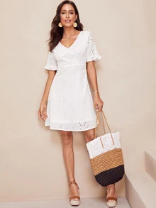 SHEIN Ruffle Sleeve Schiffy Flare Dress - White - View 3