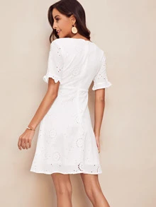 SHEIN Ruffle Sleeve Schiffy Flare Dress - White - View 2