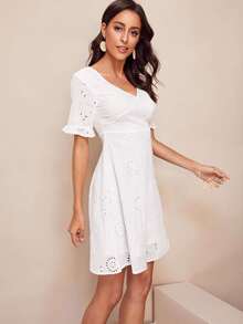 SHEIN Ruffle Sleeve Schiffy Flare Dress - White - View 5