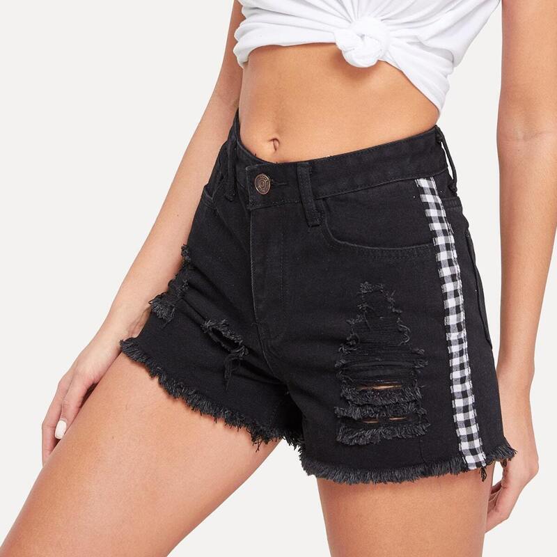 

Grid Tape Ripped Denim Shorts, Black