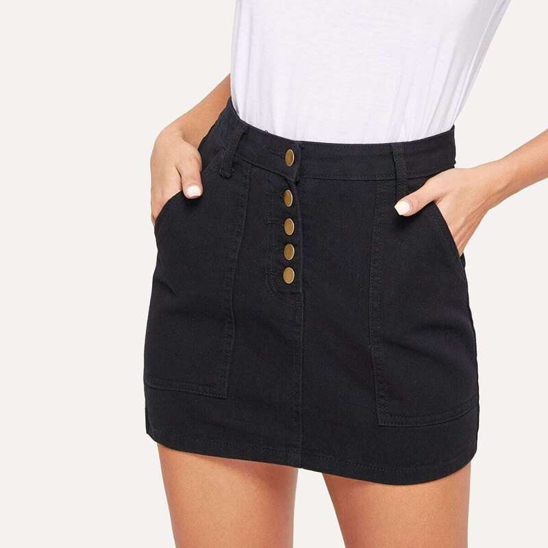 

Single Breasted Pocket Denim Skirts, Black