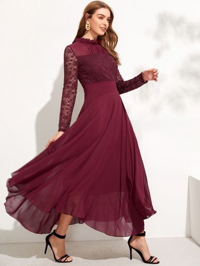 Lace Contrast Mesh Pleated High Waist Dress pictures
