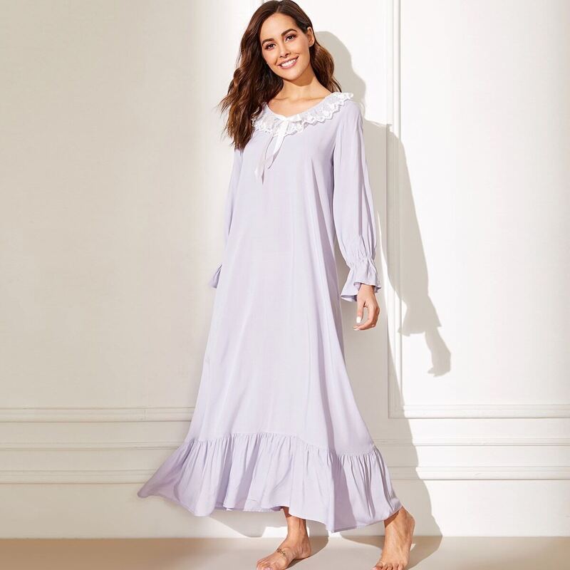 

Contrast Lace Neck Ruffle Hem Night Dress, Purple