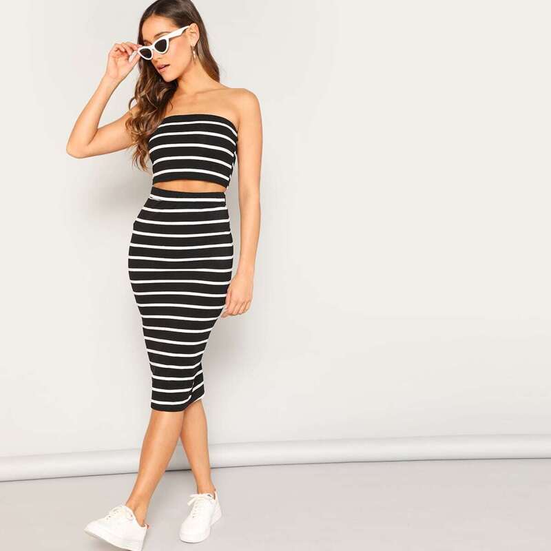 

Striped Cropped Tube Top & Pencil Skirt Set, Black and white