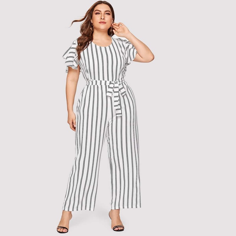 

Plus Self Tie Striped Jumpsuit, Black and white