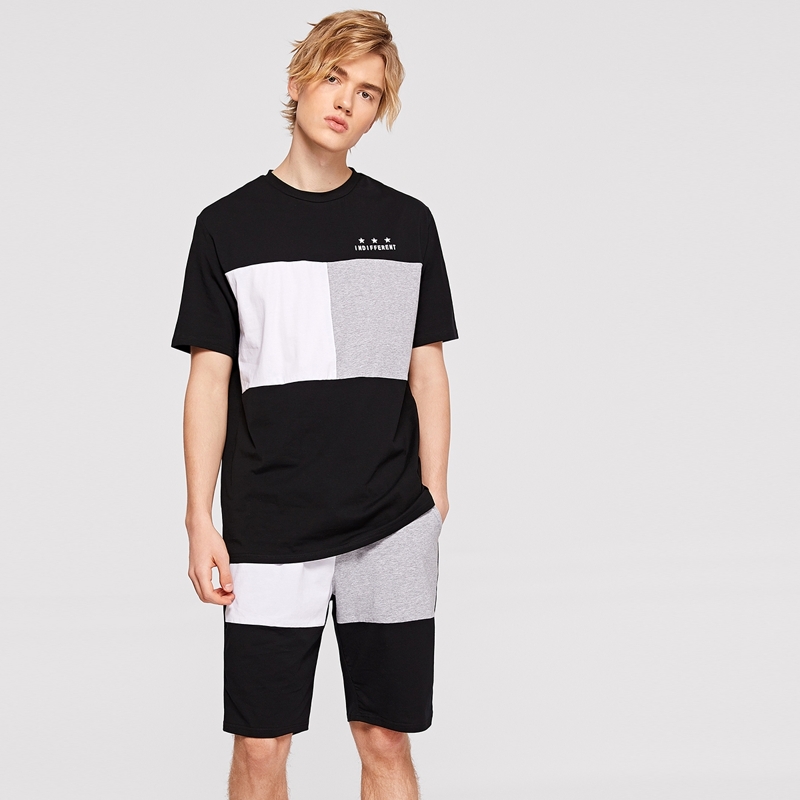 

Guys Letter & Star Print Color-block Top & Shorts Set, Multicolor