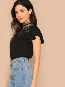 SHEIN Floral Lace Insert Flutter Sleeve Top - Black - View 3