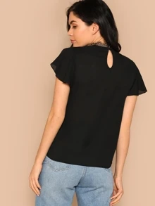 SHEIN Floral Lace Insert Flutter Sleeve Top - Black - View 2