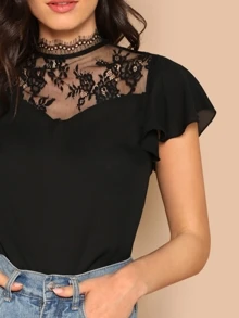 SHEIN Floral Lace Insert Flutter Sleeve Top - Black - View 4