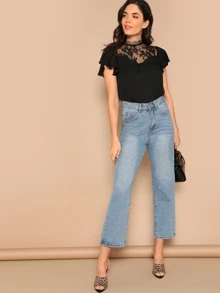 SHEIN Floral Lace Insert Flutter Sleeve Top - Black - View 5
