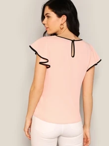 SHEIN Clasi 拼接邊飛袖女士襯衫 - 淺粉色 - 查看 2
