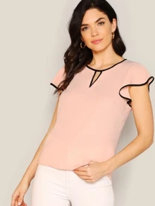 SHEIN Clasi 拼接邊飛袖女士襯衫 - 淺粉色 - 查看 3