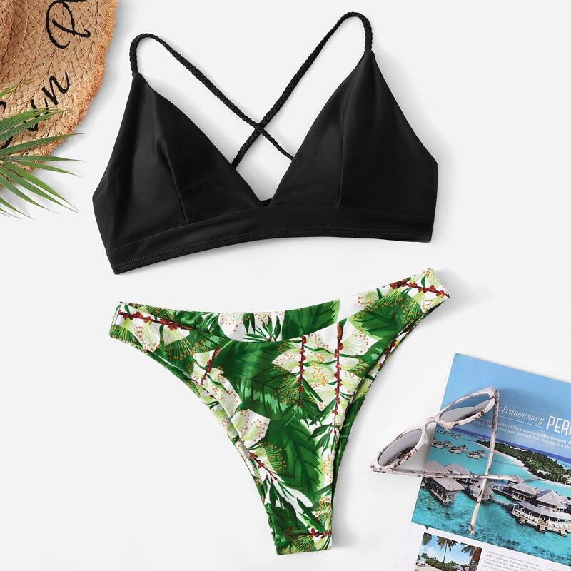 

Cross Back Top With Random Leaf Print Bikini, Multicolor