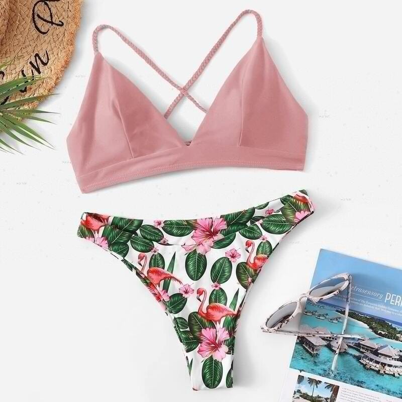 

Cross Back Seam Top With Random Tropical Bikini, Multicolor