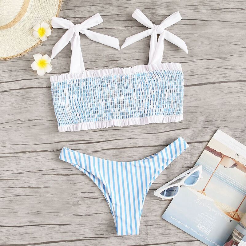 

Smocked Tie Shoulder Top With Cheeky Bikini Set, Multicolor pastel