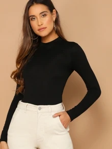 SHEIN Essnce Form-Fitting Mock Neck Top - Black - View 3