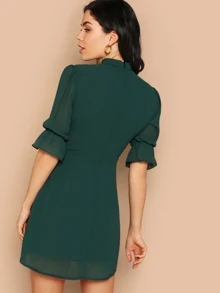 SHEIN Pussy Bow Ruffle Sleeve Dress - Dark Green - View 2