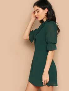 SHEIN Pussy Bow Ruffle Sleeve Dress - Dark Green - View 3