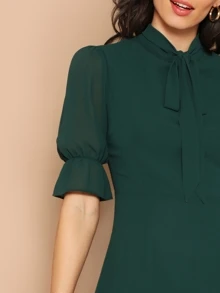 SHEIN Pussy Bow Ruffle Sleeve Dress - Dark Green - View 4