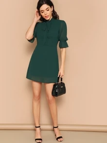 SHEIN Pussy Bow Ruffle Sleeve Dress - Dark Green - View 5