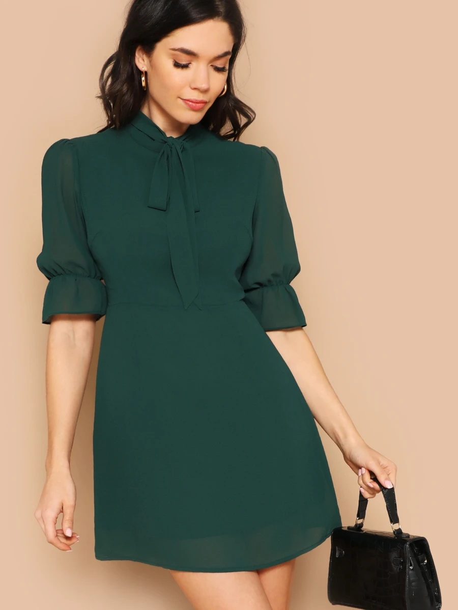 SHEIN Pussy Bow Ruffle Sleeve Dress - Dark Green - View 1