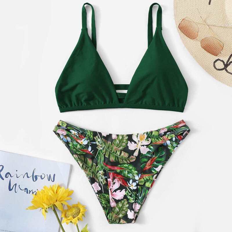 

Ruched Cut-out Back Top With Random Tropical Bikini, Green