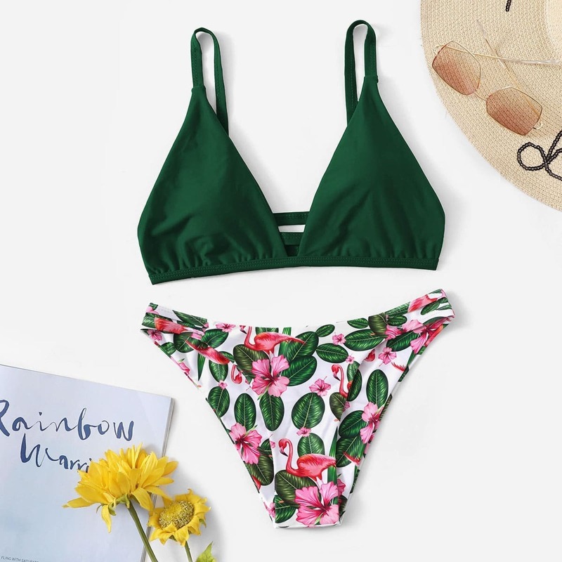 

Ruched Cut-out Back Top With Random Tropical Bikini, Multicolor