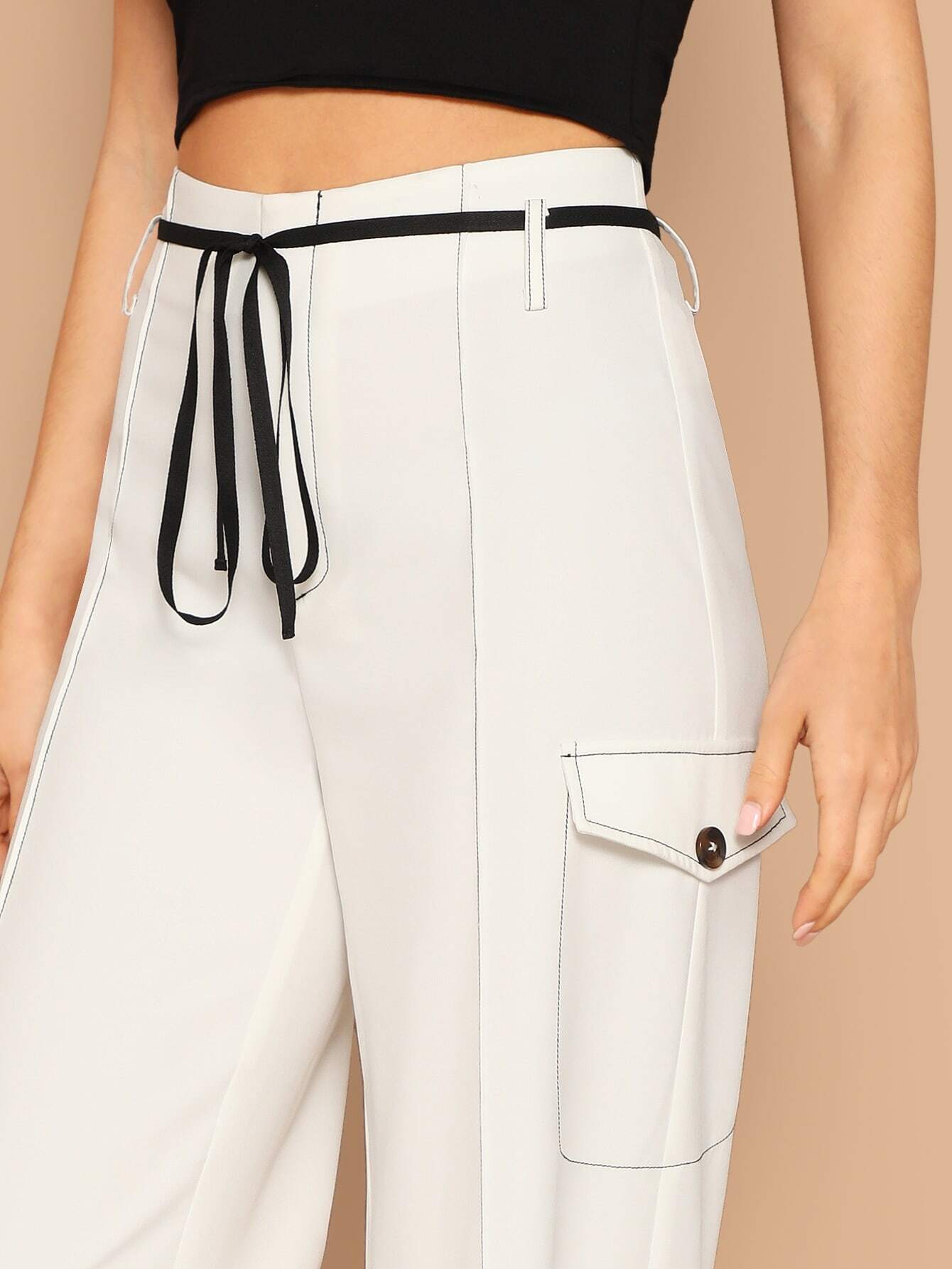 Contrast Stitch Flare Hem Pants SHEIN IN