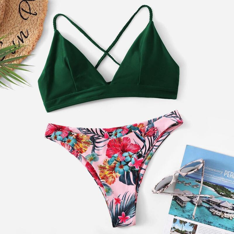 

Cross Back Seam Top With Random Tropical Bikini, Multicolor