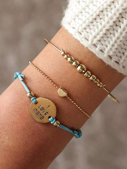 heart & letter engraved round bracelet 3pcs
