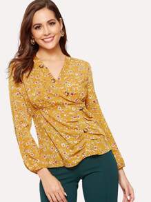 Ditsy Floral Button Front Wrap Blouse