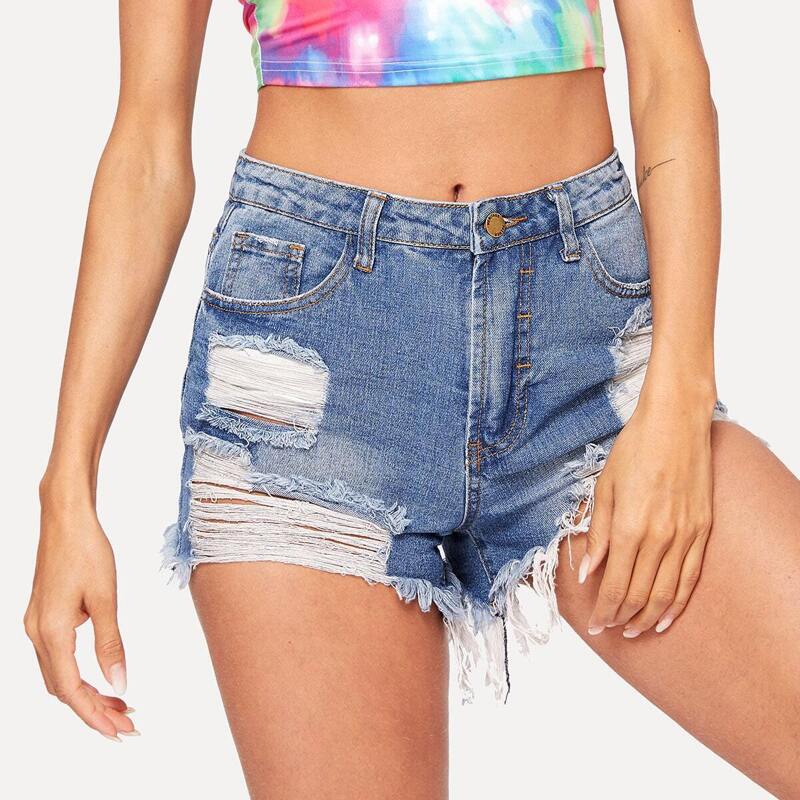 

Ripped Front Raw Hem Shorts, Blue