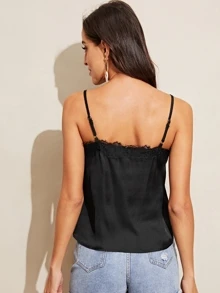 SHEIN Eyelash Lace V-Neck Cami Top - Black - View 2