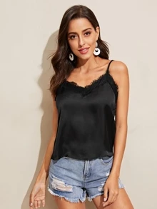 SHEIN Eyelash Lace V-Neck Cami Top - Black - View 4