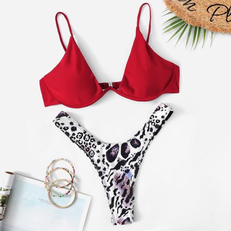 

Underwire Top With Leopard High Cut Bikini, Multicolor