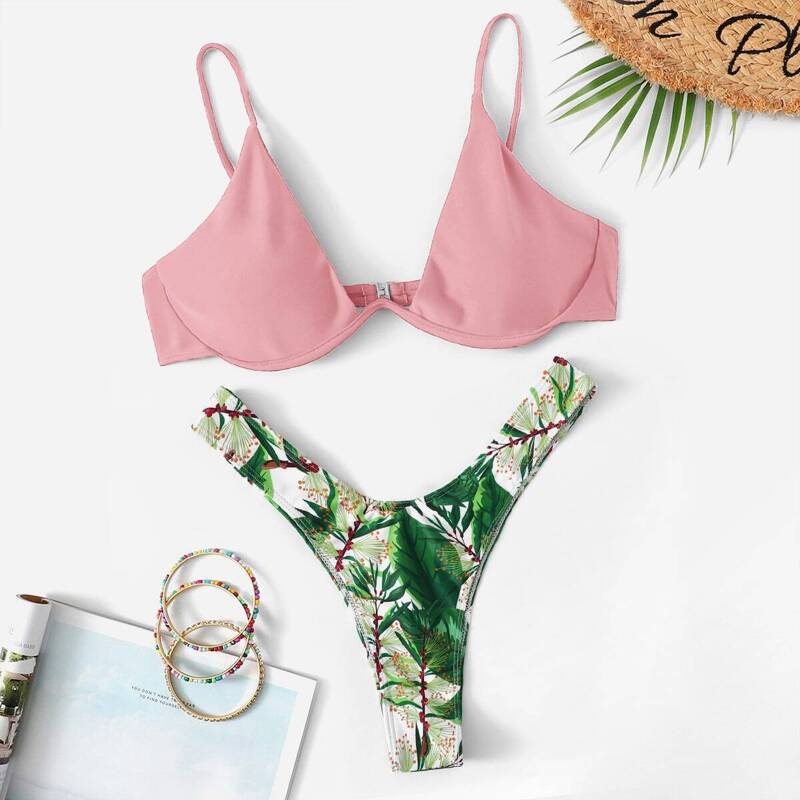 

Underwire Top With Random Leaf Print High Cut Bikini, Multicolor