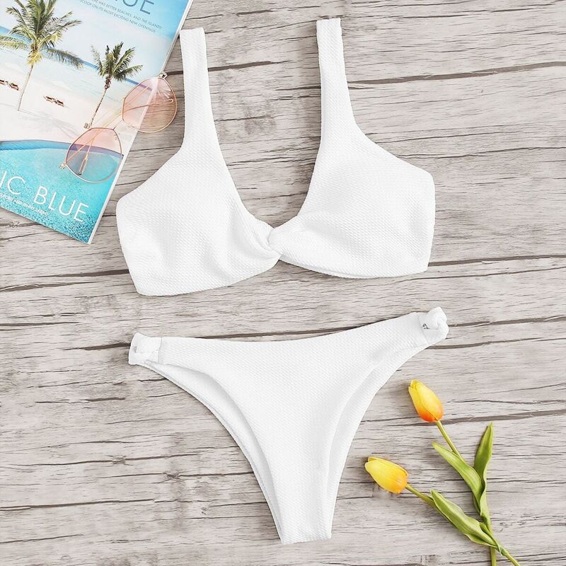

Twist Plunge Top With Loop Side Bikini, White