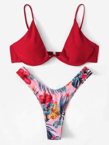 鋼圈上衣帶隨機熱帶高剪裁比基尼泳裝 - 彩色 - 查看 3