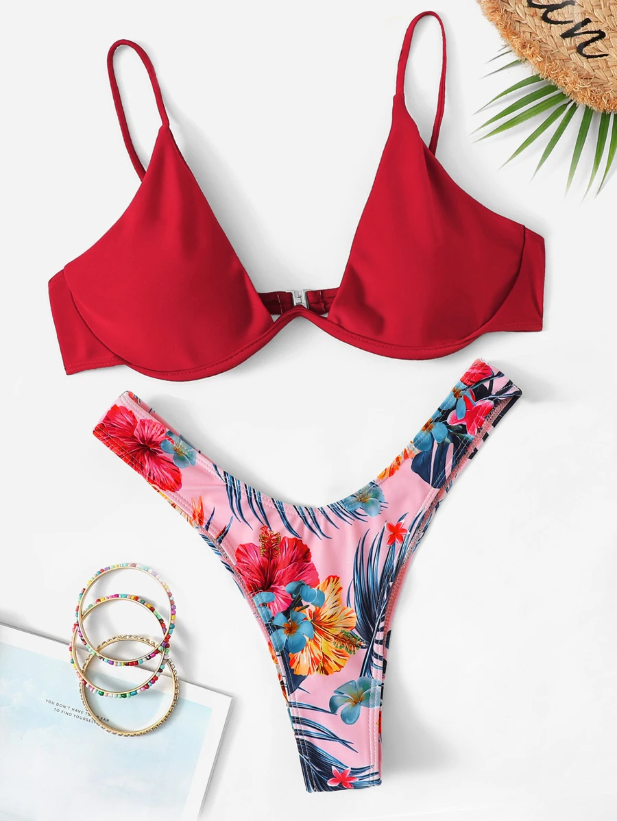 鋼圈上衣帶隨機熱帶高剪裁比基尼泳裝 - 彩色 - 查看 1