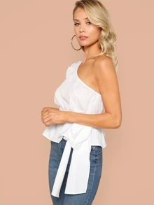 SHEIN Privé One Shoulder Puff Sleeve Belted Solid Top