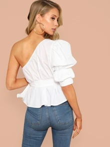 SHEIN Privé One Shoulder Puff Sleeve Belted Solid Top