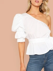SHEIN Privé One Shoulder Puff Sleeve Belted Solid Top