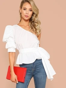 SHEIN Privé One Shoulder Puff Sleeve Belted Solid Top