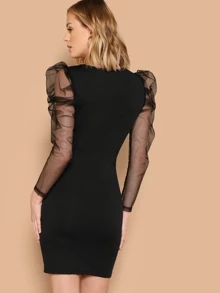 SHEIN Belle Mesh Gigot Sleeve Bodycon Dress - Black - View 2