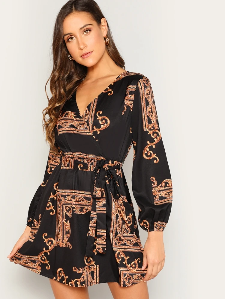 scarf print wrap dress