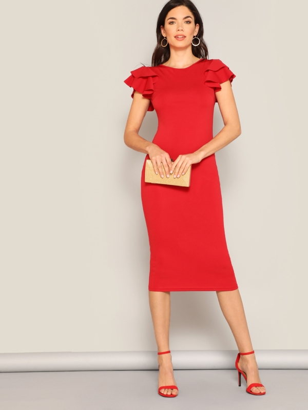 Modelyn Layered Ruffle Sleeve Crisscross Back Pencil Dress