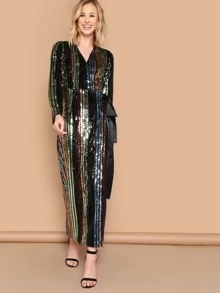 SHEIN 條紋亮片貼布側綁結連衣裙 - 彩色 - 查看 3